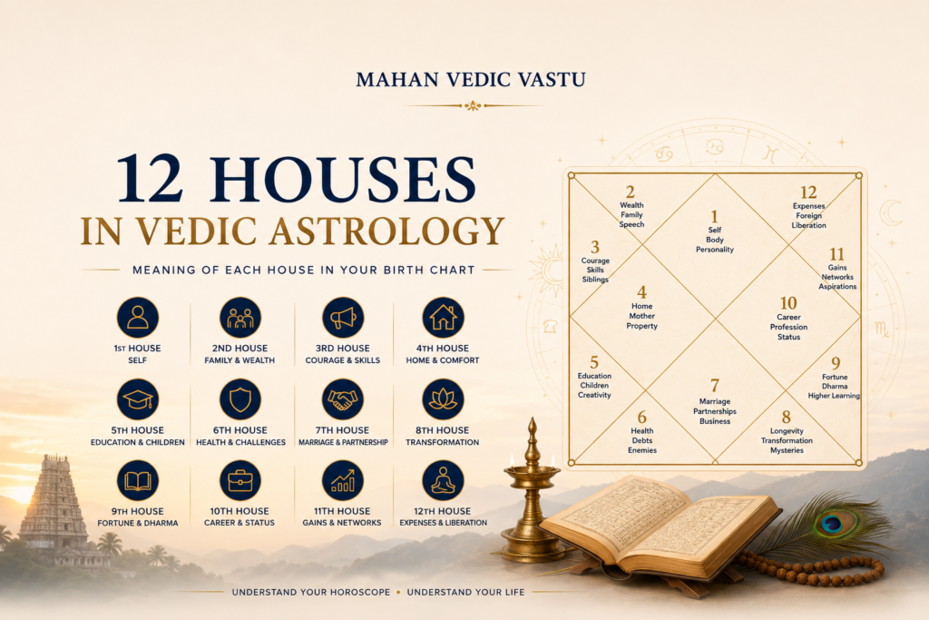 12 Houses in Vedic Astrology: Meaning of Each House in Your Birth Chart 12 houses in Vedic astrology and their meanings in a birth chart