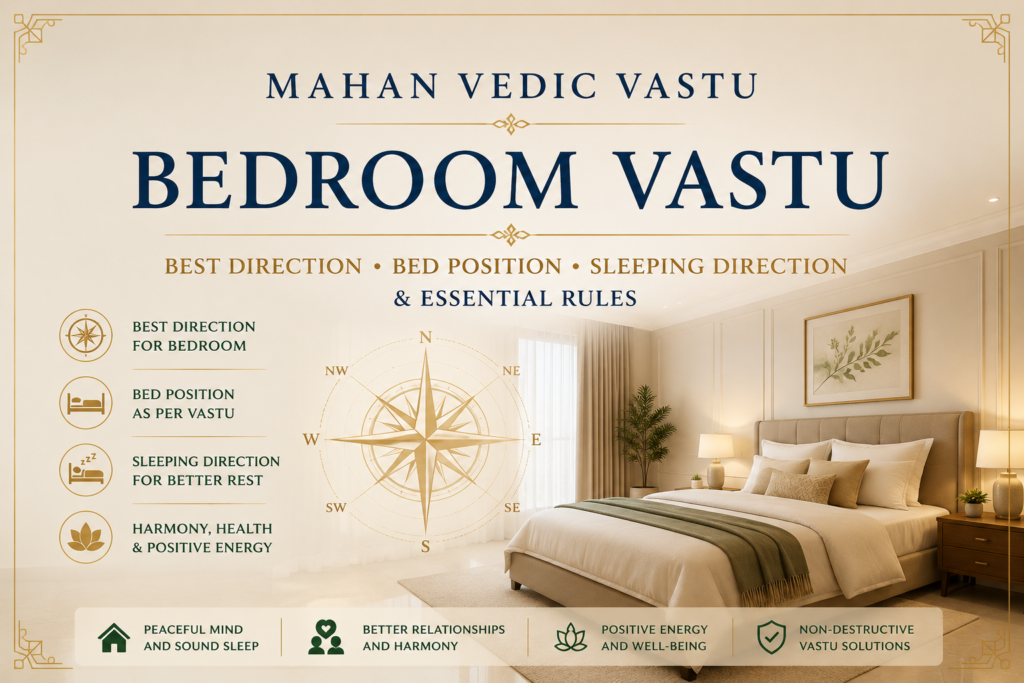Bedroom Vastu guide showing master bedroom direction, bed position and sleeping direction according to Vastu Shastra