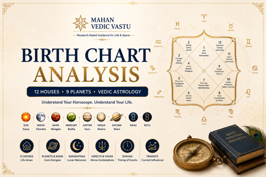 Birth Chart (Kundli) Analysis: 12 Houses, 9 Planets & Complete Vedic Astrology Guide Vedic Astrology birth chart analysis showing 12 houses and 9 planets in a Kundli
