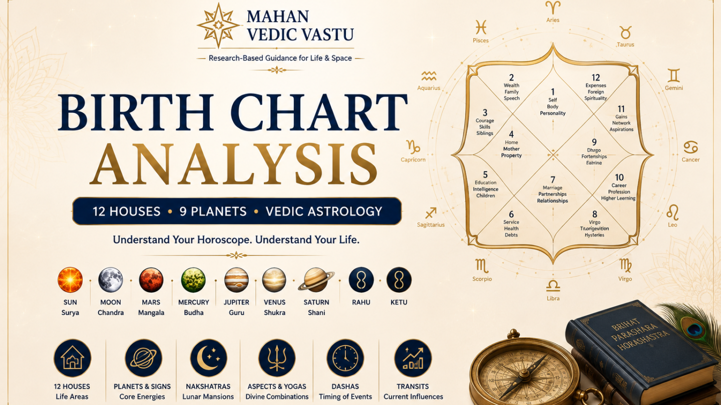 Birth Chart (Kundli) Analysis: 12 Houses, 9 Planets & Complete Vedic Astrology Guide Vedic Astrology birth chart analysis showing 12 houses and 9 planets in a Kundli