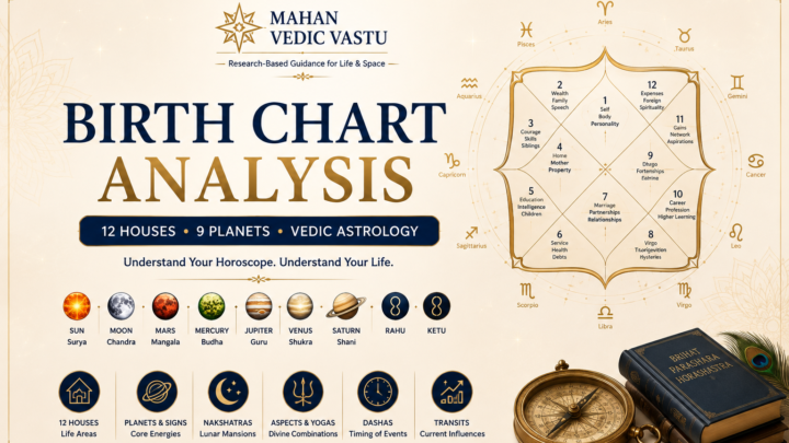 Vedic Astrology birth chart analysis showing 12 houses and 9 planets in a Kundli