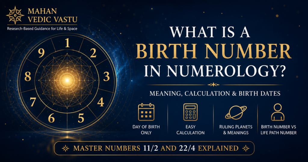 What Is a Birth Number in Numerology? Meaning, Calculation & Birth Dates Birth Number in Numerology guide showing numbers 1 to 9, calculation, ruling planets and master numbers 11/2 and 22/4