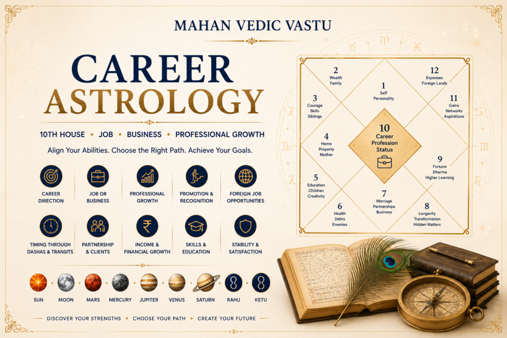 Career Astrology: How Your Birth Chart Reveals Career, Job & Business Potential Career astrology birth chart showing 10th house, job and business analysis in Vedic astrology