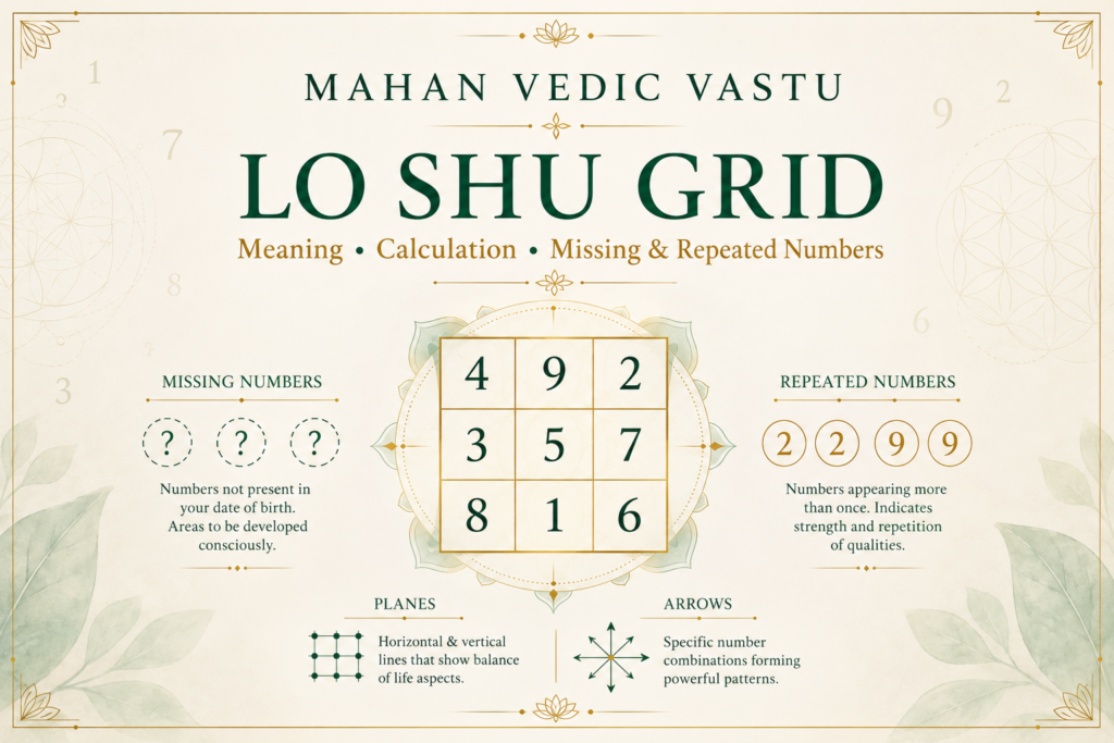 Lo Shu Grid: Meaning, Calculation, Missing Numbers, Repeated Numbers and Planes Lo Shu Grid numerology showing number arrangement, missing numbers, repeated numbers, planes and arrows