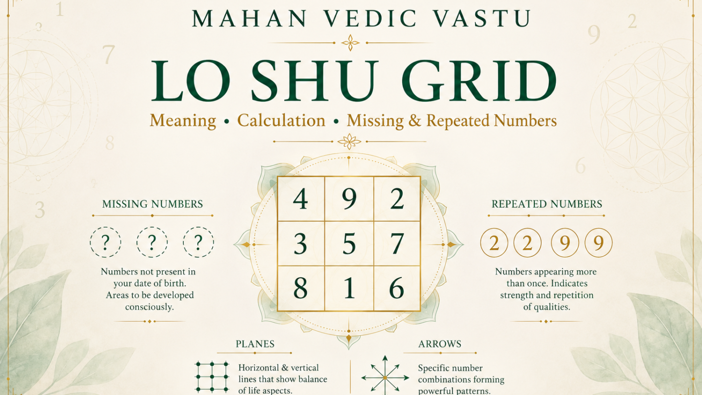 Lo Shu Grid: Meaning, Calculation, Missing Numbers, Repeated Numbers and Planes Lo Shu Grid numerology showing number arrangement, missing numbers, repeated numbers, planes and arrows