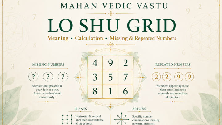 Lo Shu Grid numerology showing number arrangement, missing numbers, repeated numbers, planes and arrows