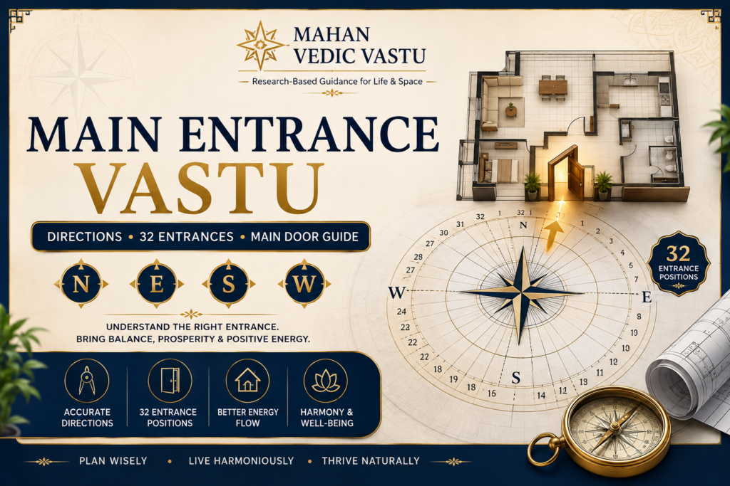 Main Entrance Vastu guide showing directions and 32 entrance positions for home