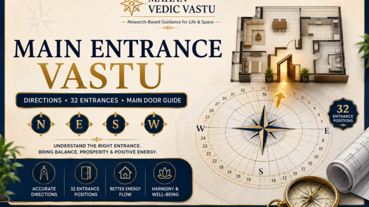 Main Entrance Vastu guide showing directions and 32 entrance positions for home