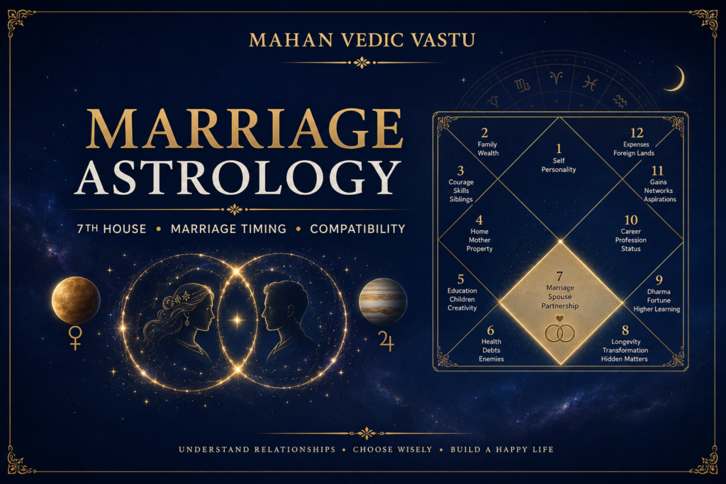 Marriage Astrology: 7th House, Planets, Timing & Compatibility in Vedic Astrology Marriage astrology and 7th house in Vedic astrology for marriage timing and compatibility