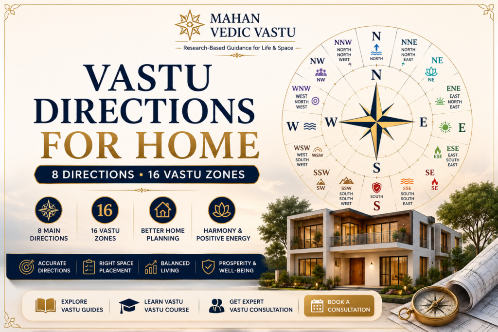 Vastu directions for home showing 8 directions and 16 Vastu zones for house planning